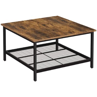 Robust Coffee Table Steel Frame And Mesh Storage Shelf,  Rustic Brown And Black