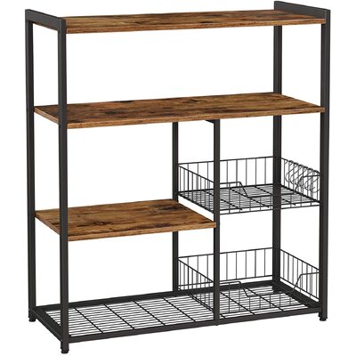 Baker'S Rack With 2 Metal Mesh Baskets, Shelves And Hooks, Industrial Style, Rustic Brown 