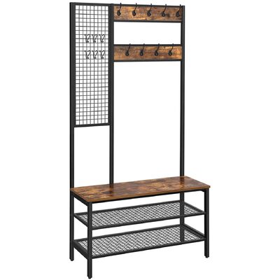 Coat Rack Stand Industrial Style With Grid Wall And Shoe Storage 185 Cm Tall Rus