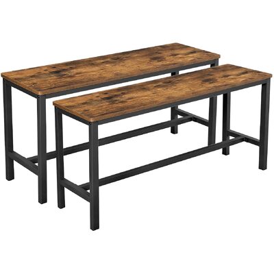 Set Of 2 Table Benches Industrial Style Durable Metal Frame Rustic Brown