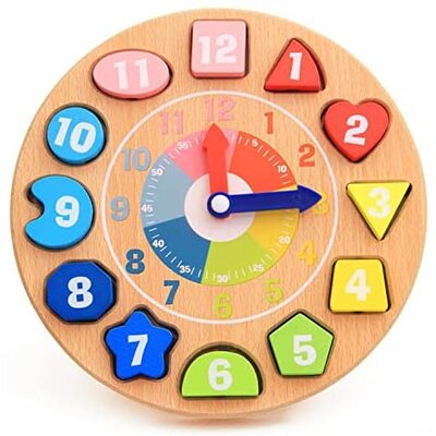 Wooden Shape Color Sorting Clock For Teaching Time Number For Kids