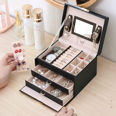 Portable PU leather Travel Jewelry box with three-layer