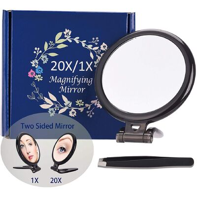20X Magnifying Hand Mirror For Makeup, Tweezing, And Blemish Removal (10 Cm Black)