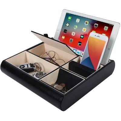 Leather Valet Tray Multi-Catch Storage Box (Black)