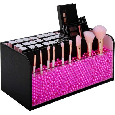 Leather Makeup Brush Cosmetic Organiser Storage Box with Pink Pearls, Acrylic Cover and 3 CompartmentsBlack