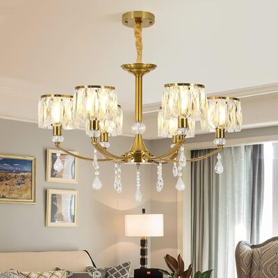 Gold Chandelier 6 Lights Wagon Wheel Clear Crystal