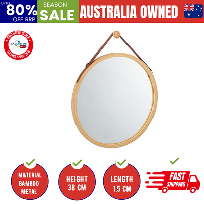 Hanging Round Wall Mirror 38 Cm - Solid Bamboo Frame