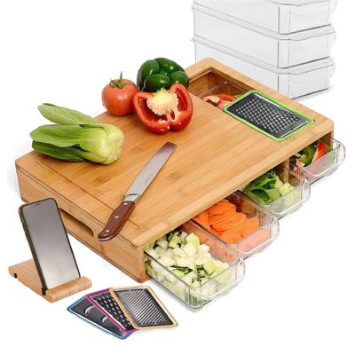 Large Bamboo Cutting Board with 4 Containers and Mobile Holder