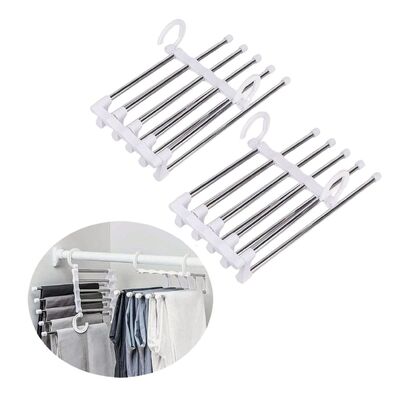 2 Stainless Steel Adjustable 5 in 1 Pants Hangers Non-Slip Space Saving