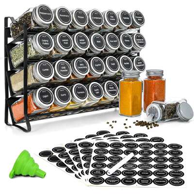Spice Rack Organiser With 28 Spice Jars, Spice Labels, Funnel And Marker For Kitchen Countertop