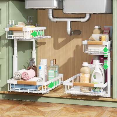2-Tier Kitchen Under Sink Organiser Storage With Height Adjustable, Unique Slide Rail & Suction Cups For Storage