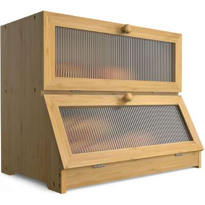 Double Layer Bamboo Bread Box For Kitchen Counter With Large Capacity And Clear Window