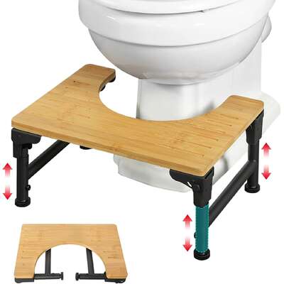 Bamboo Toilet Stool Foldable And Adjustable Height With Non-Slip Layer For Bathroom