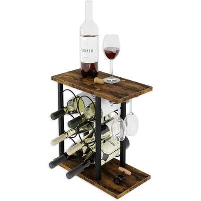 Wine Rack Countertop Wooden & Metal Holder For 6 Bottles & 2 Glasses