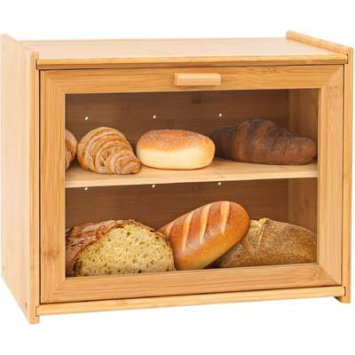Double Layer Bamboo Bread Box For Kitchen Counter With Large Capacity And Transparent Window