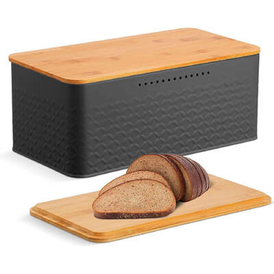 Bread Bin With Bamboo Lid Used As Chopping Board For Kitchen Countertop