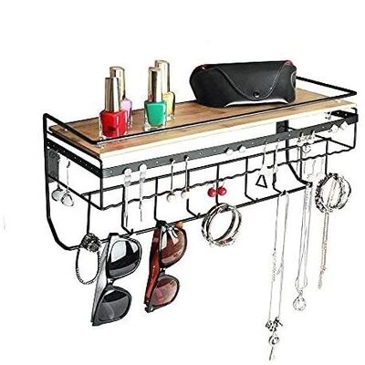 Wall Mount Hanging Jewelry Organizer With 9 Hooks (Black Metal)