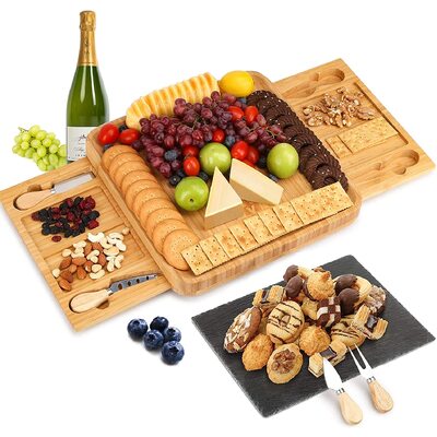 Bamboo Cheese Board And Knife Set With Cutlery Including Slate Rock Tray
