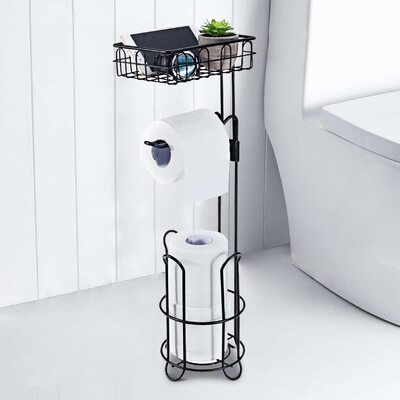 Toilet Paper Holder Stand And Storage Dispenser With Shelf For Bathroom