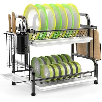 Stainless Steel 2-Tier Dish Drying Rack Cutting Board Holder & Dish Drainer Blac
