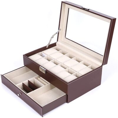 12 Slot Pu Leather Lockable Watch And Jewelry Storage Boxes (Brown)