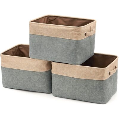 3x Collapsible Large Cube Fabric Storage Bins Baskets For Laundry - Gray And Bro
