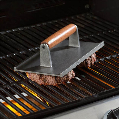 Cast Iron Bacon Meat Steak Press Grill Bbq With Wood Handle Weight Plate