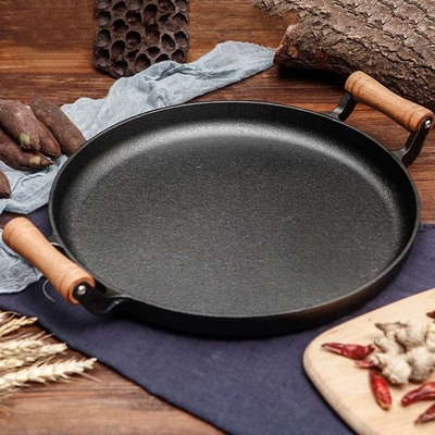 35Cm Cast Iron Frying Pan Skillet Steak Sizzle Fry Platter With Wooden Handle No Lid