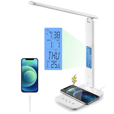 Led Desk Lamp With Fast Wireless Charger Clock Alarm Date Temperature
