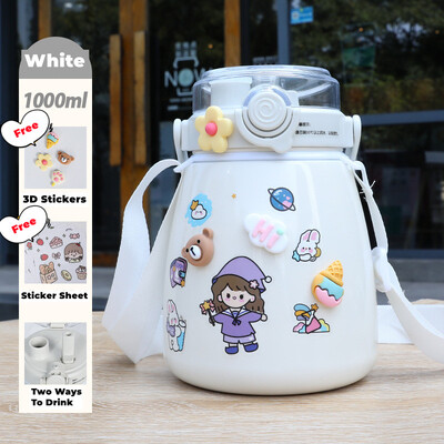 1000Ml Large Water Bottle Stainless Steel Straw Water Jug(White)