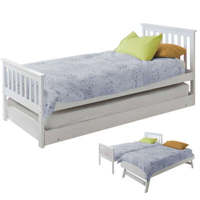 Wooden Single Bed Frame W/ Pop Up Trundle For Kids Bedroom White