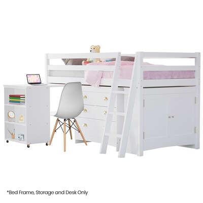 Wooden Kids Single Loft Bed Frame With Pull Out Desk Storage