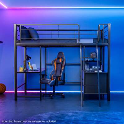Gaming Loft Bed with Desk and Storage Cabinet, Steel Metal Frame