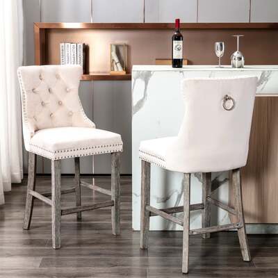 2X Velvet Bar Stools With Studs Trim Wooden Legs Tufted Dining Chairs