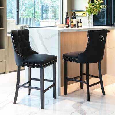 2X Velvet Bar Stools With Studs Trim Wooden Legs Tufted Dining Chairs Kitchen Black