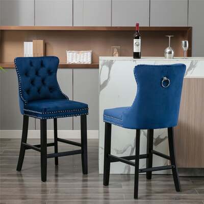 2X Velvet Bar Stools With Studs Trim Wooden Legs Tufted Dining Chairs Kitchen