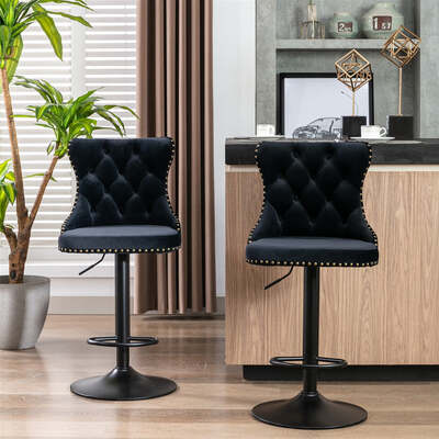 2X Height Adjustable Swivel Bar Stool Velvet Nailhead Barstool With Footrest