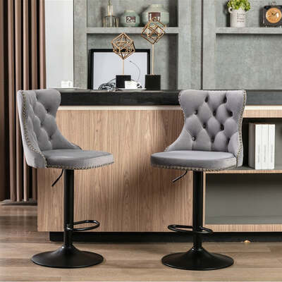 2X Height Adjustable Swivel Bar Stool Velvet Nailhead Barstool With Footrest Grey