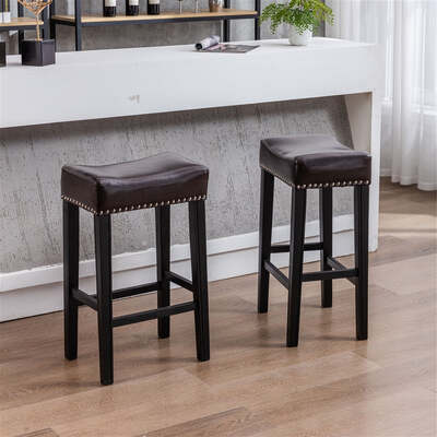 2X Wooden Legs Saddle Bar Stools Leather Padded Counter Chairs With Studs 74.5Cm Height