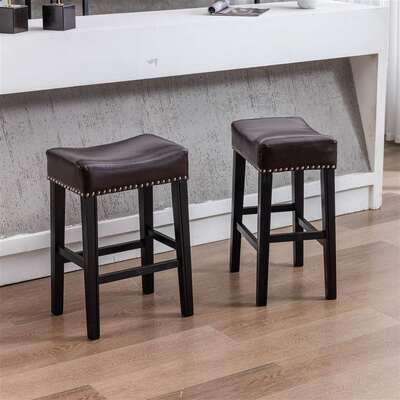 2X Wooden Legs Saddle Bar Stools Backless Leather Padded Counter Chairs 66Cm Height