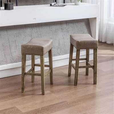2X Wooden Legs Saddle Bar Stools Backless Leather Padded Counter Chairs 66Cm Height Grey