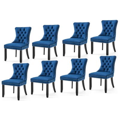 Set Of 8 Blue Velvet Dining Chairs With Solid Wood Legs