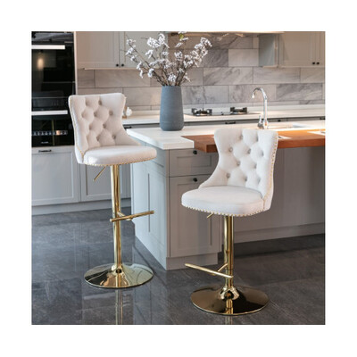 Set Of 4 Beige Height Adjustable Swivel Bar Stools With Golden Base