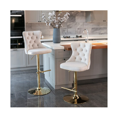 Pair Of Beige Height Adjustable Swivel Bar Stools With Golden Base