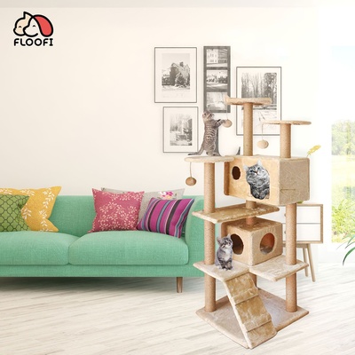 150Cm Plush Cat Condo Cat Tree Beige