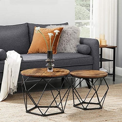 Set of 2 Rustic Brown and Black Coffee Tables with Robust Steel Frame