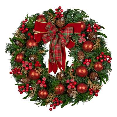 Stunning 71cm Christmas Wreath Lush Red Baubles Berries Pine Cones and Bow Front Door