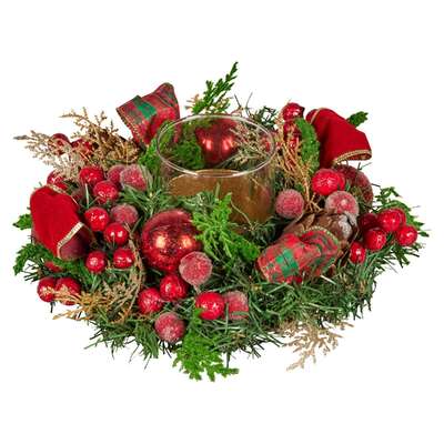  26cm Christmas Centrepiece Lush Green Holiday Display w/Red Berries & Hurricane Candle