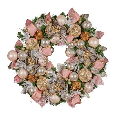 71cm Christmas Wreath Lush Pink Front Door Decoration Jewelled Baubles Flowers Pine Cones