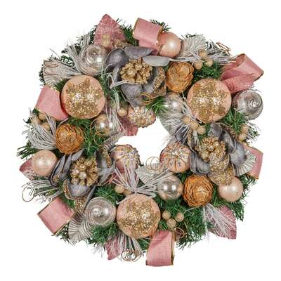 56cm Christmas Wreath Lush Pink Front Door Decoration Jewelled Baubles Flowers Pine Cones